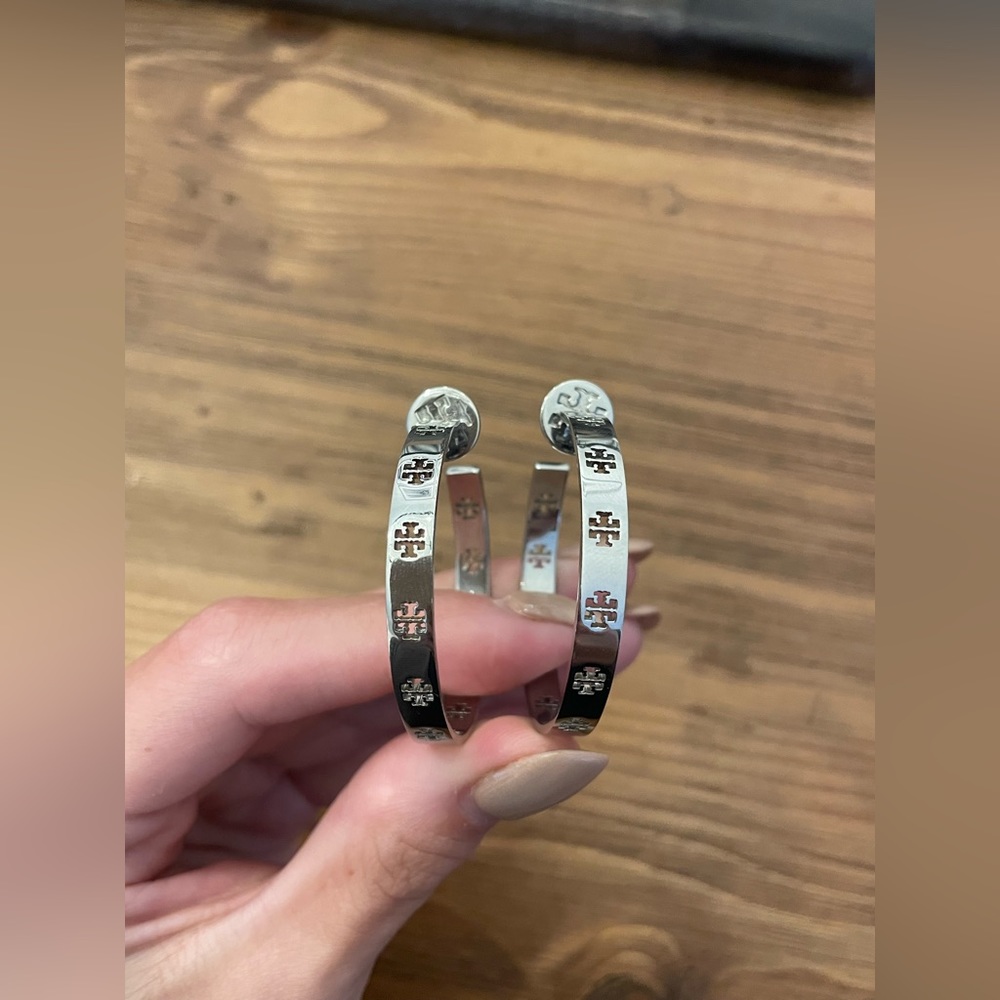 Tory Burch Silver Pierced T Logo Hoop Earrings